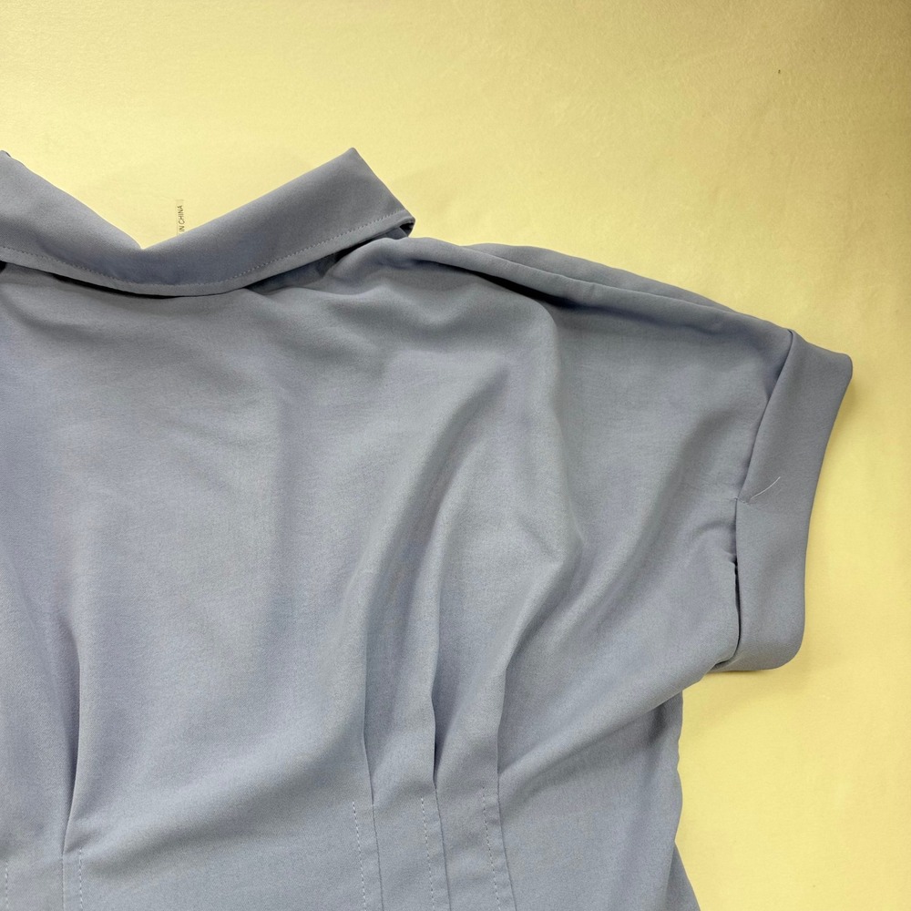 Entro Periwinkle Blue Button Down Pintuck Waist Mini Shirt Dress Short Sleeve L - Picture 3 of 16